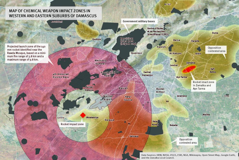HRW map showing the likely source of CW-carrying rockets fired on Ghouta areas 